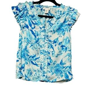 CUPCAKES & CASHMERE Ruffled Floral Rose Print Flutter Sleeve Pull On Blouse XS